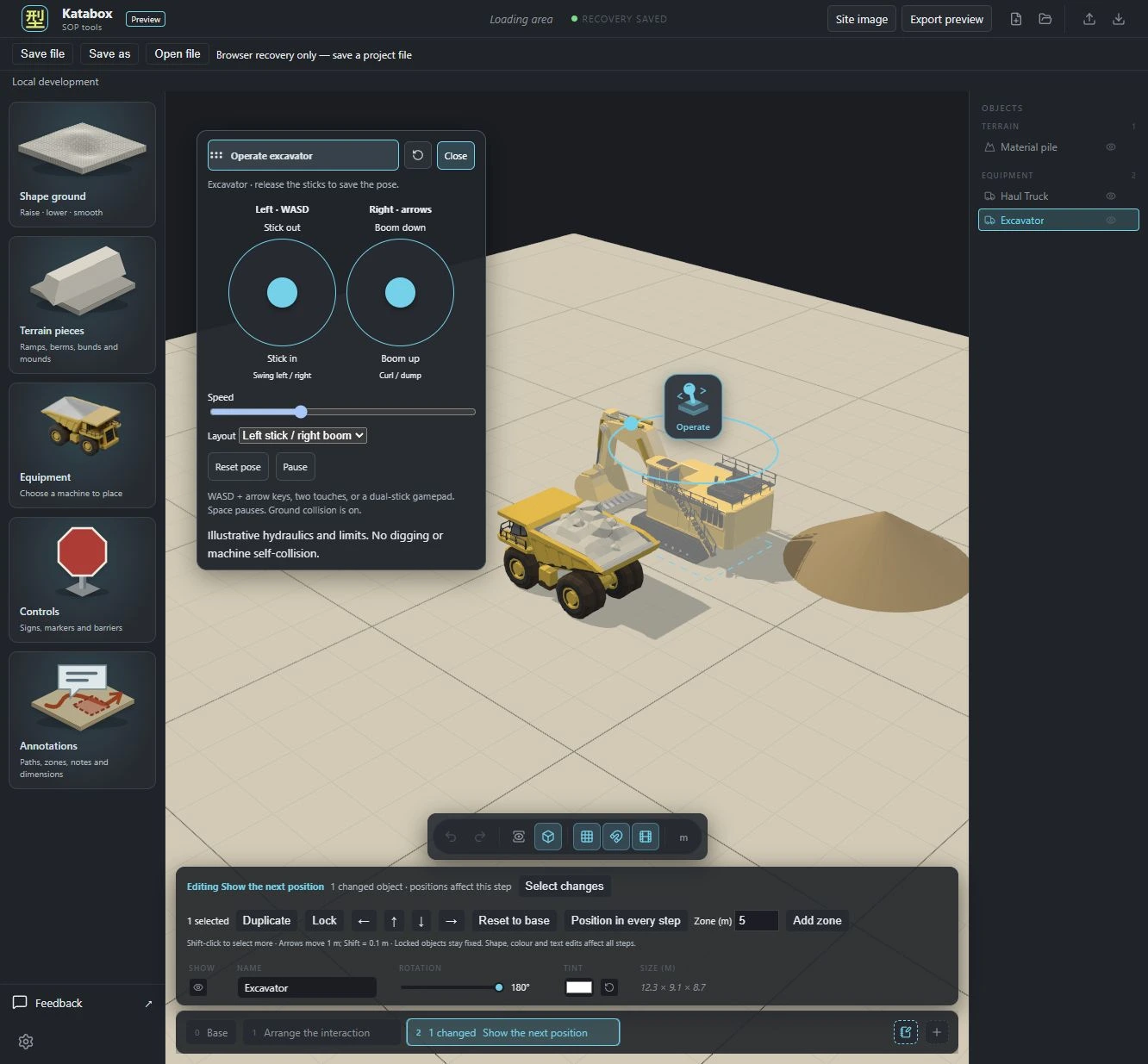 Katabox with the excavator selected, movement controls open beside the fictional loading scene, and the step timeline visible.