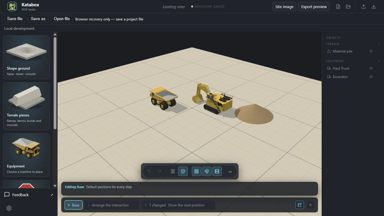 Katabox editor with an excavator, haul truck and material pile, plus the scene tools and step timeline.