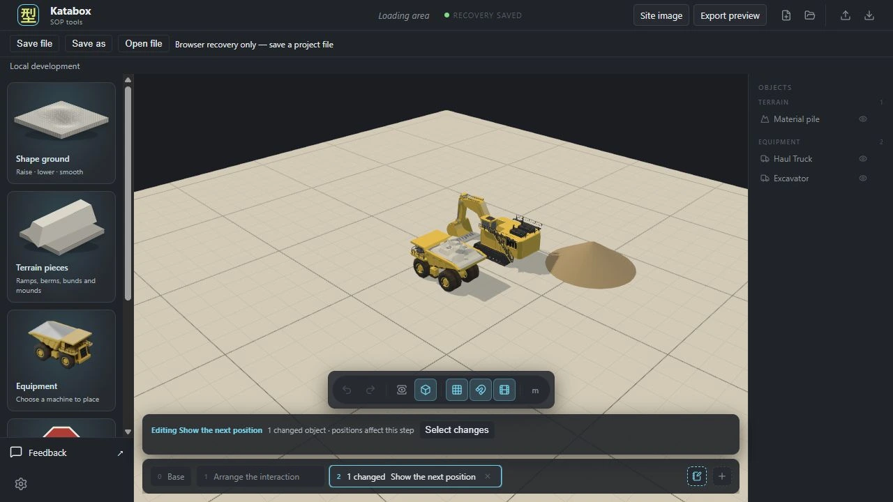 The same loading-area scene on its next step, with the haul truck in a different position and the step selected in the timeline.