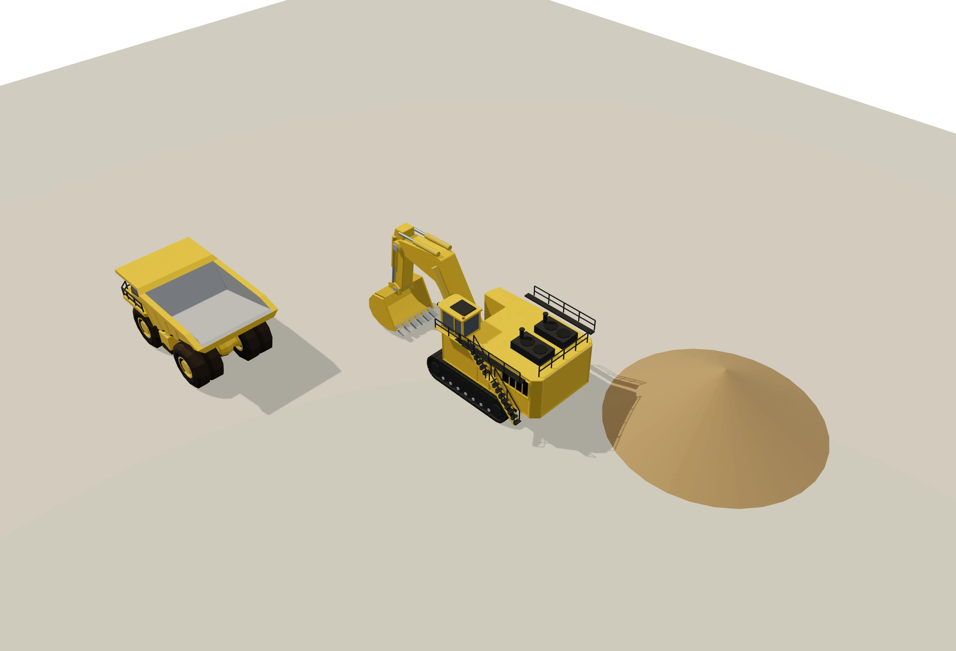 An actual perspective image exported from the loading-area scene, showing a haul truck, excavator and material pile.