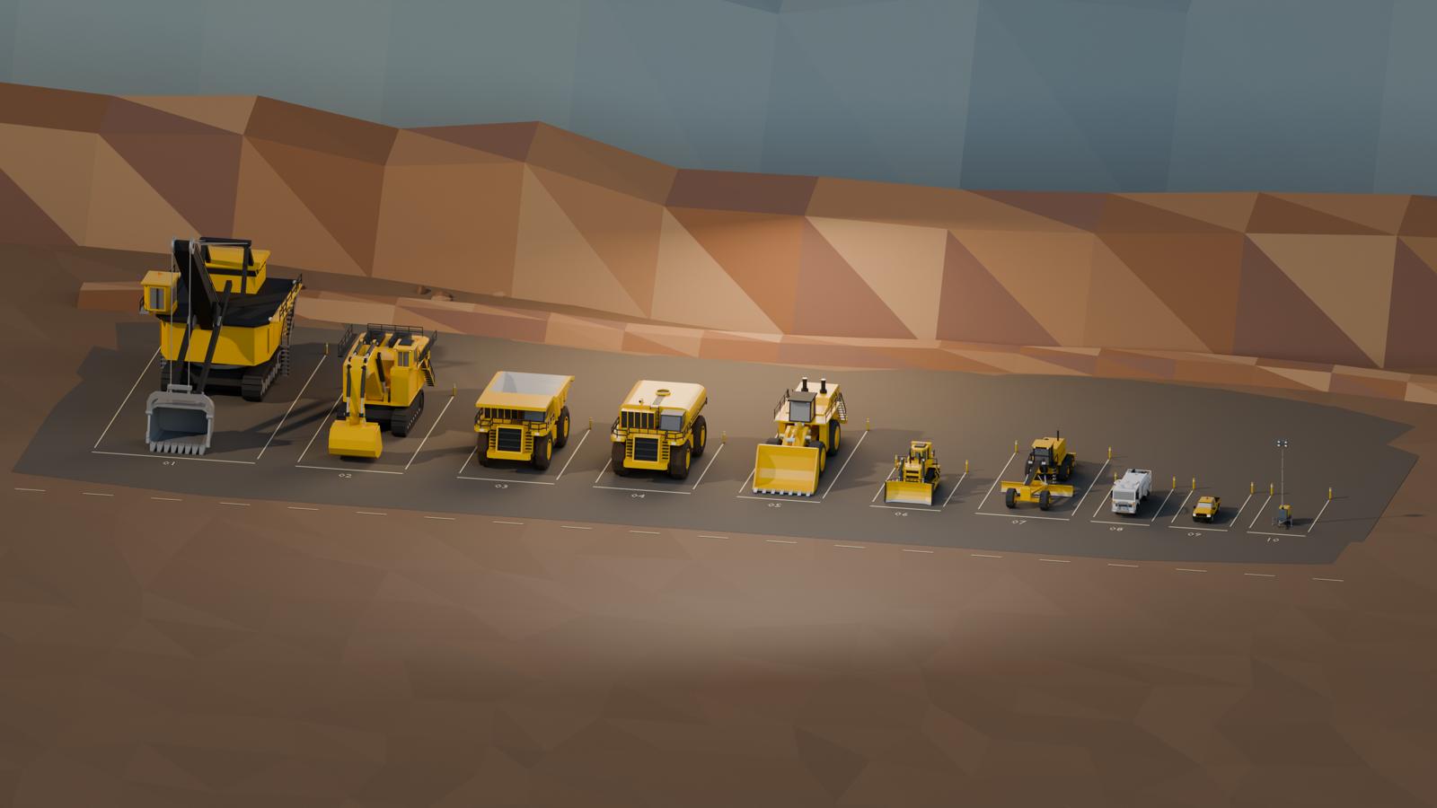 Original mining equipment arranged on a fictional mine go-line, from a rope shovel and haul trucks to a light vehicle.